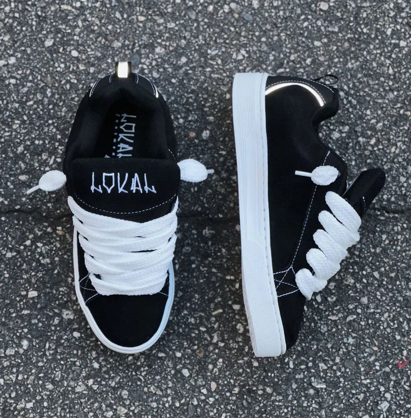 Tênis lokal tag preto branco refletivo prata